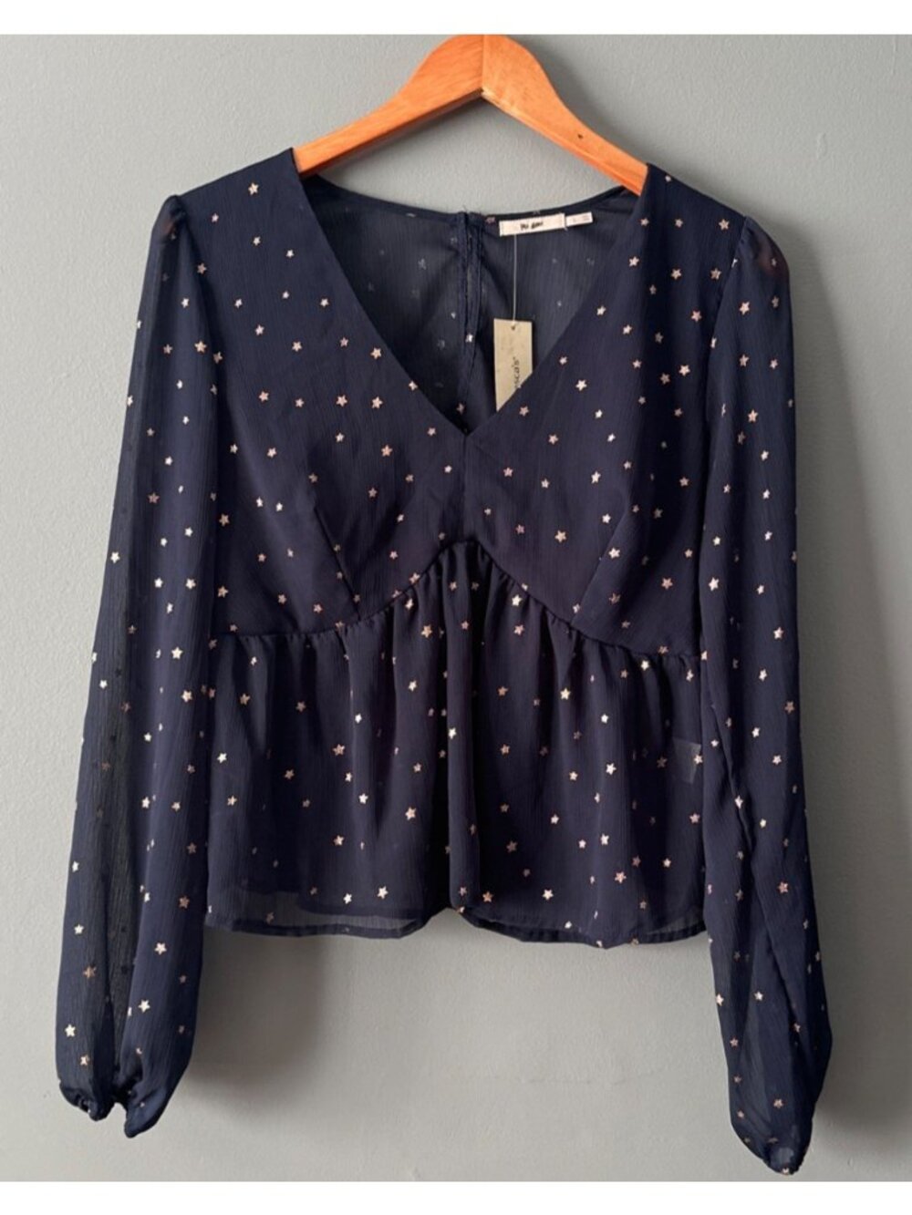 NWT Women’s L Francesca’s Miami Navy Blue Star Print Blouse Sheer Sleeve Top Y2K